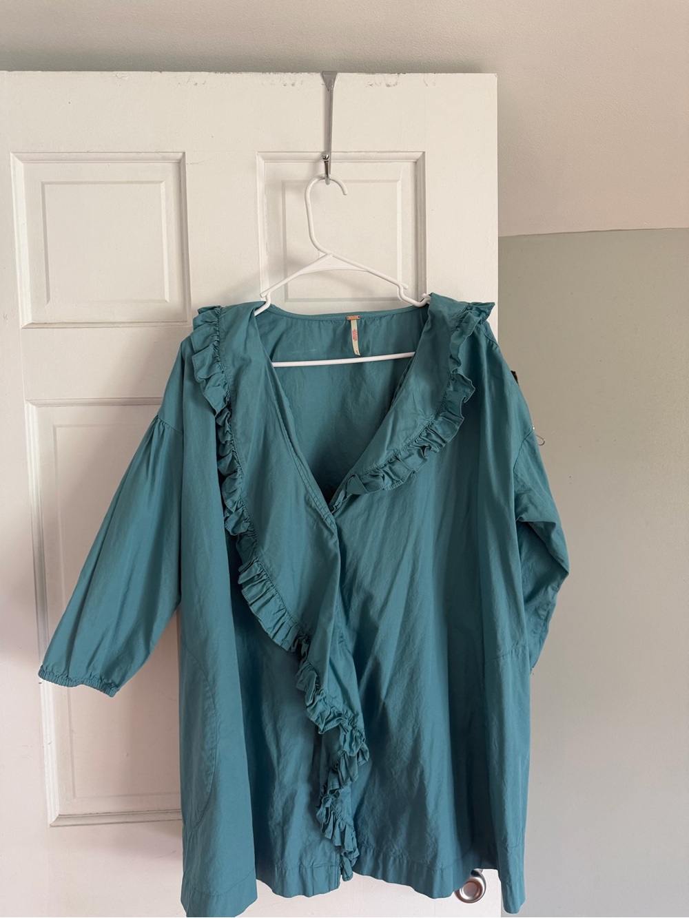 Free People Teal Ruffle Front Tunic Blouse